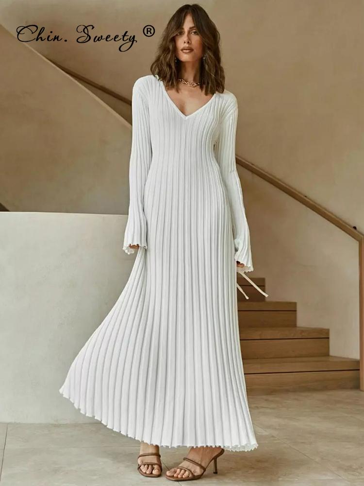 Women Knitted Long Dress Autumn Winter 2022 Elegant Pleated A line