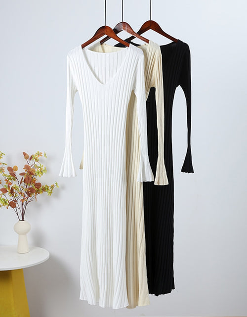 Load image into Gallery viewer, Women Knitted Long Dress Autumn Winter 2022 Elegant Pleated A line
