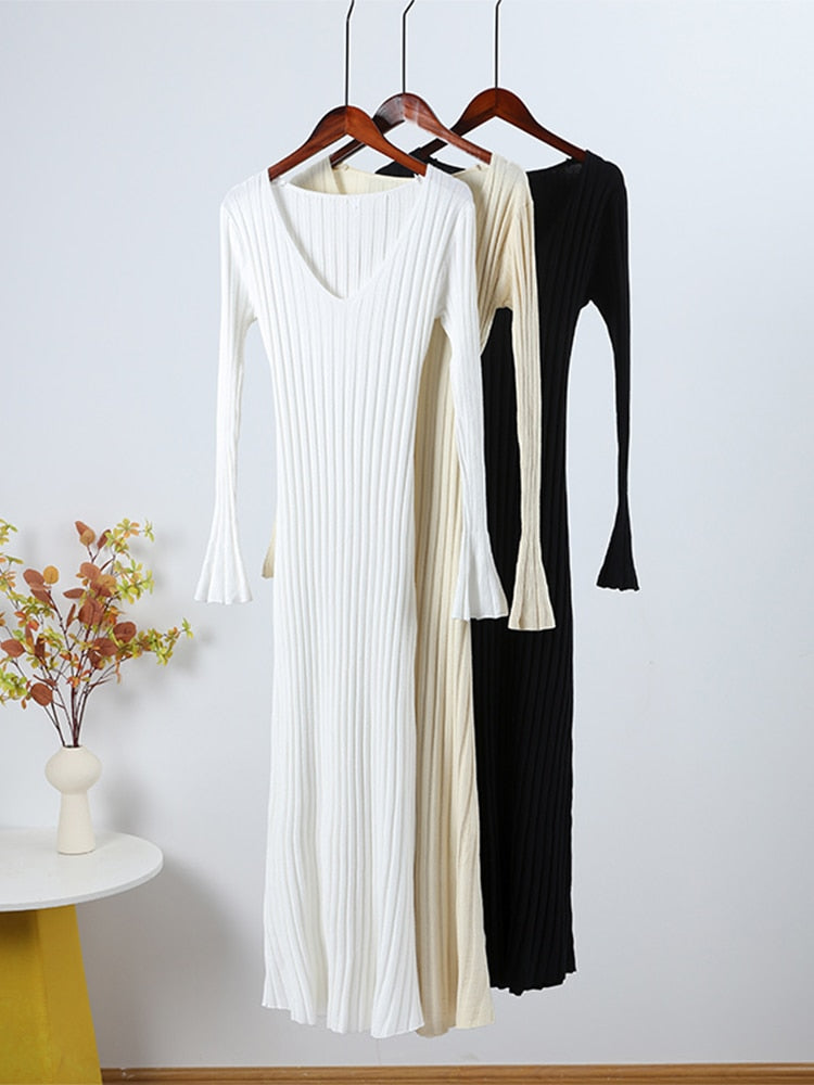 Women Knitted Long Dress Autumn Winter 2022 Elegant Pleated A line