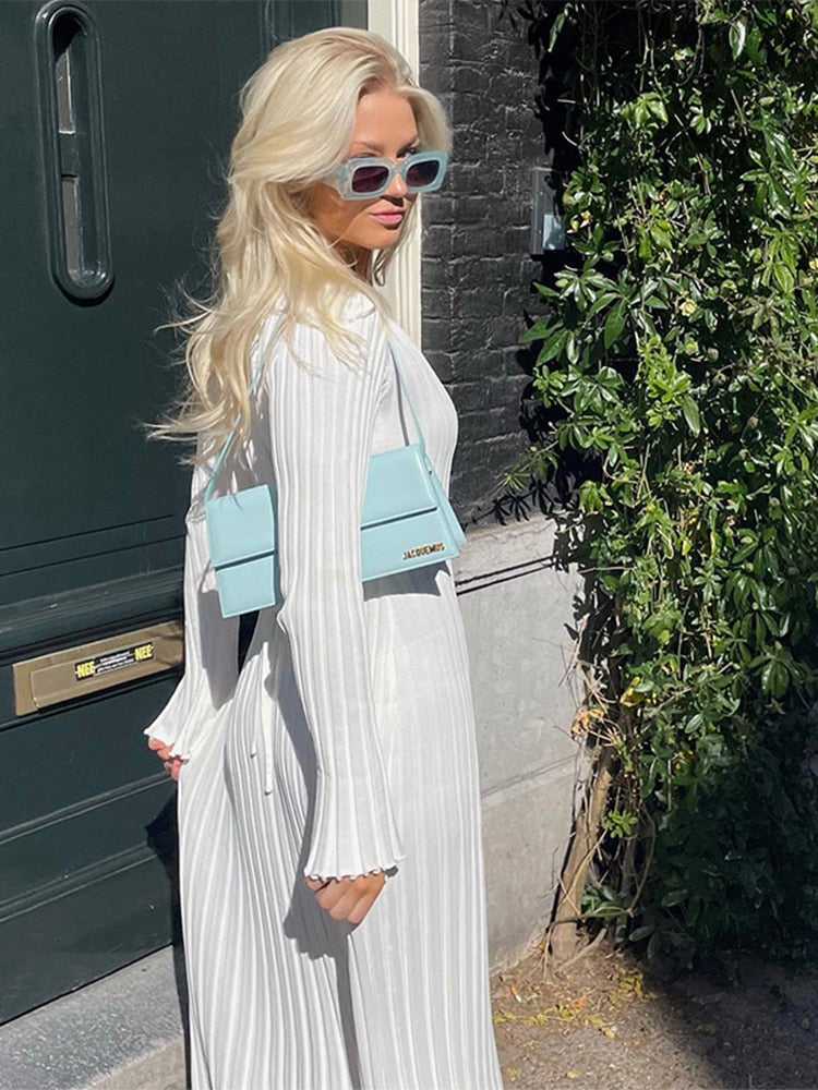 Women Knitted Long Dress Autumn Winter 2022 Elegant Pleated A line