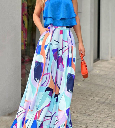 Pattern Print Tops And High Waist Loose Trousers Outfits