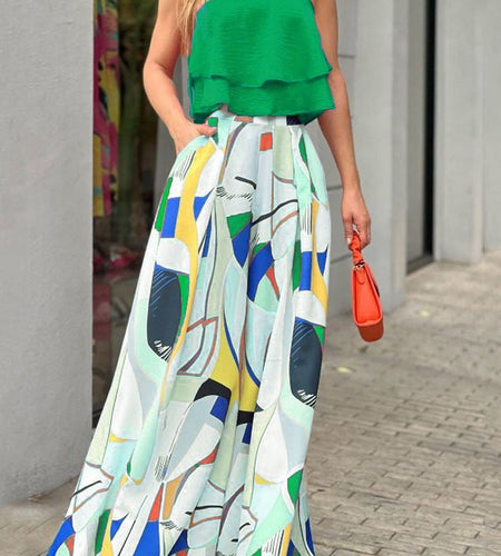 Pattern Print Tops And High Waist Loose Trousers Outfits