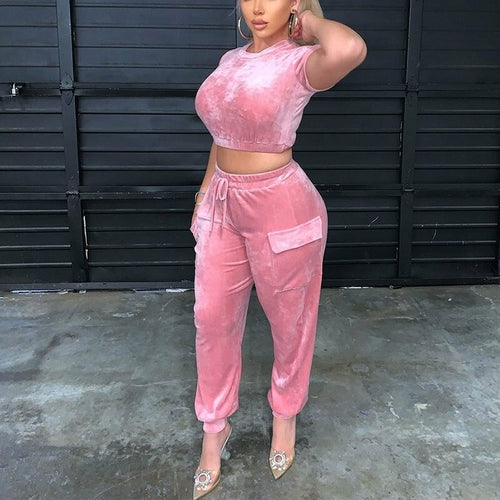 Two Piece Casual Summer velvet Suits Crop Top Pants Set