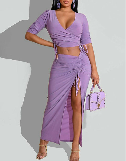 Load image into Gallery viewer, Two Piece Elegant Dress Suits Half Sleeve V Neck Crop Top High Slit
