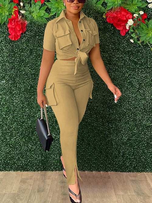 Short Sleeve Buttoned Tie Up Crop Top &Slim Cargo Pants Set