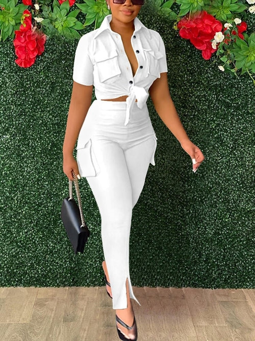 Short Sleeve Buttoned Tie Up Crop Top &Slim Cargo Pants Set