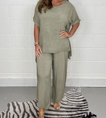 Plus Size O-Neck Short Casual Top and Pant Set
