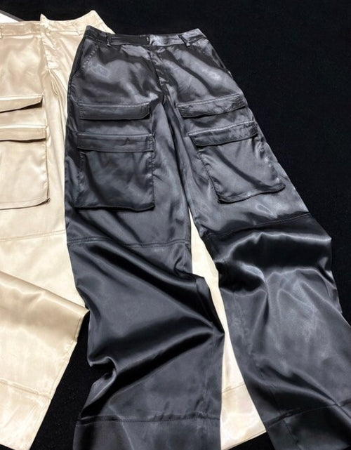 Load image into Gallery viewer, [YOZOU] Luxury Silk Black Cargo Pants Pockets Fluid Trousers Women
