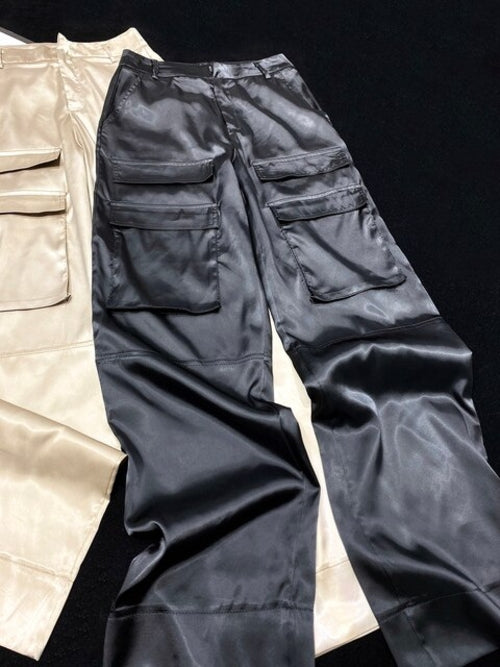 [YOZOU] Luxury Silk Black Cargo Pants Pockets Fluid Trousers Women