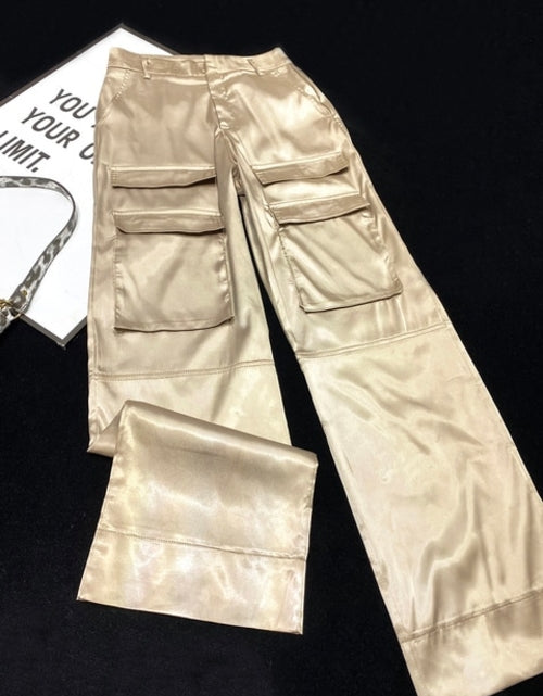 Load image into Gallery viewer, [YOZOU] Luxury Silk Black Cargo Pants Pockets Fluid Trousers Women
