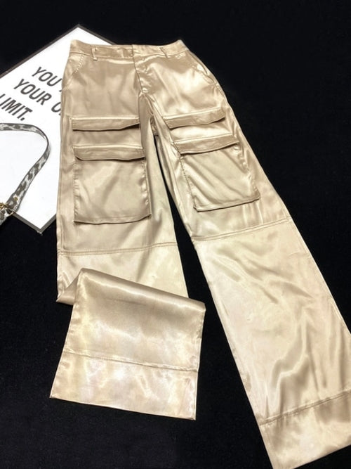 [YOZOU] Luxury Silk Black Cargo Pants Pockets Fluid Trousers Women