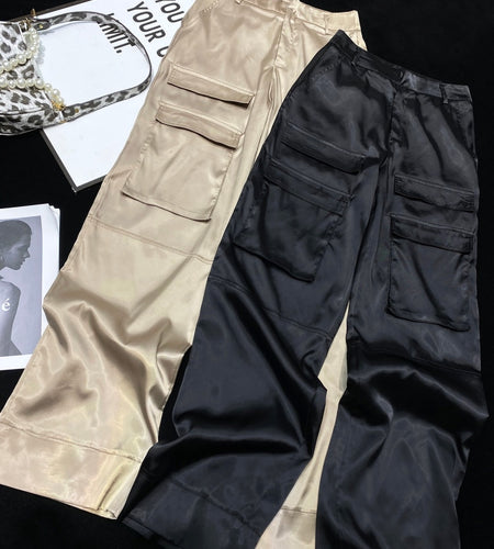 [YOZOU] Luxury Silk Black Cargo Pants Pockets Fluid Trousers Women