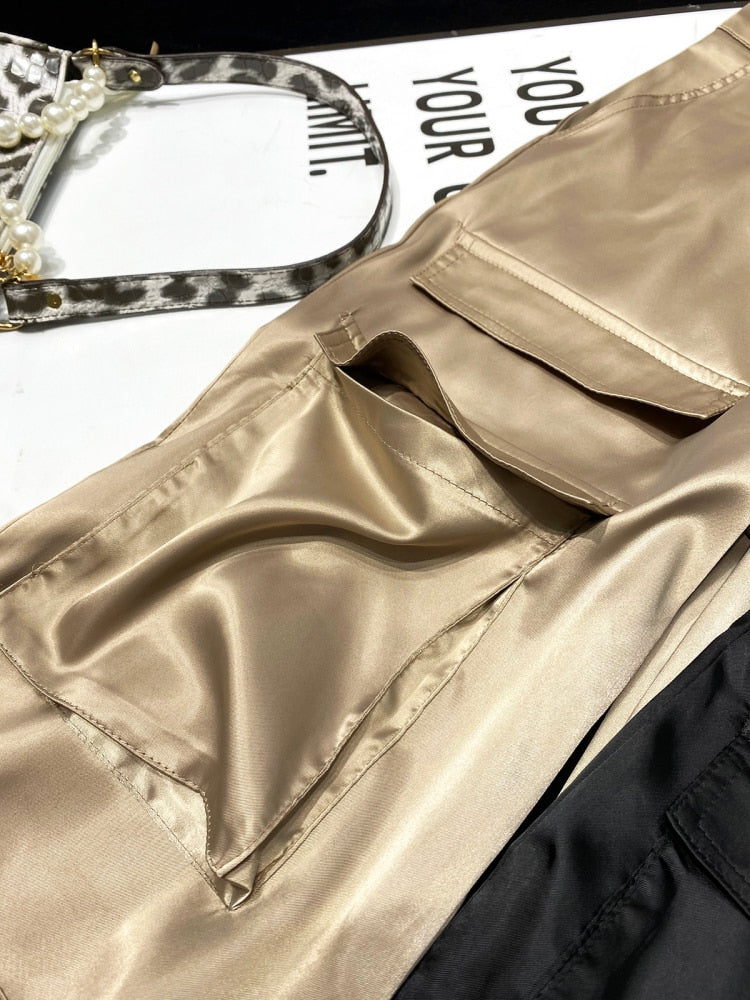 [YOZOU] Luxury Silk Black Cargo Pants Pockets Fluid Trousers Women