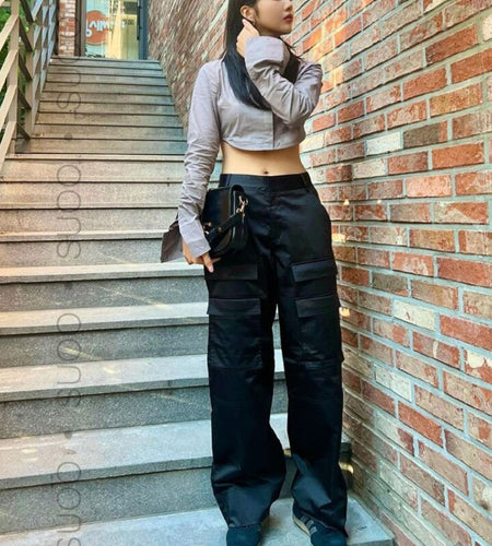 [YOZOU] Luxury Silk Black Cargo Pants Pockets Fluid Trousers Women