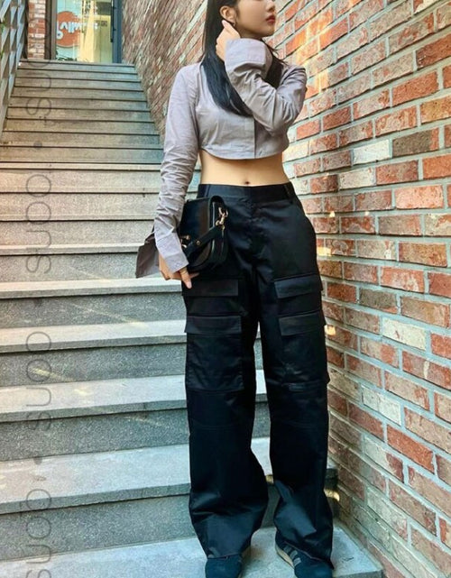 Load image into Gallery viewer, [YOZOU] Luxury Silk Black Cargo Pants Pockets Fluid Trousers Women
