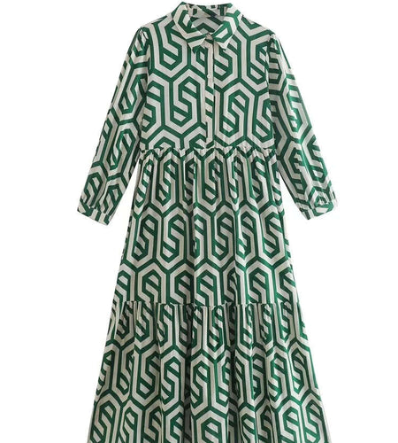 ZEVITY New Women Vintage Geometric Print Pleats Casual Slim Midi Shirt