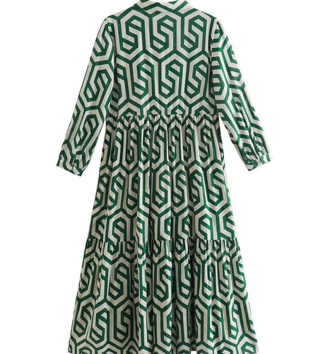 ZEVITY New Women Vintage Geometric Print Pleats Casual Slim Midi Shirt