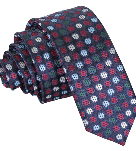 Chequered Polka Dot Skinny Tie - Burgundy, Blue & Green