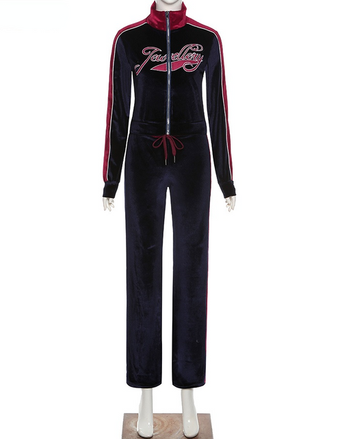 Load image into Gallery viewer, Tracksuit Embroidery Letter Velvet 2piece Set Fitness Zip
