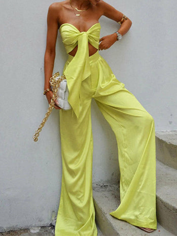 Load image into Gallery viewer, Tie-up Bow Strapless Crop Top+Wide Leg Pants Suit Spring Solid Soft
