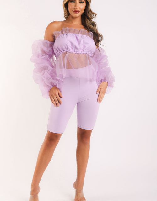 Load image into Gallery viewer, Sexy Organza Sleeve Detailed Top &amp; Matching Shorts 2 Piece Set lavndr
