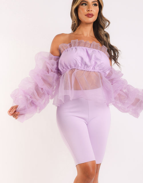 Load image into Gallery viewer, Sexy Organza Sleeve Detailed Top &amp; Matching Shorts 2 Piece Set lavndr
