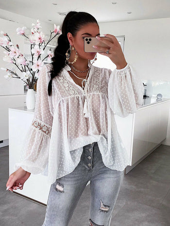 Load image into Gallery viewer, Chiffon Blouse  Patchwork Lace Hollow Out Shirt
