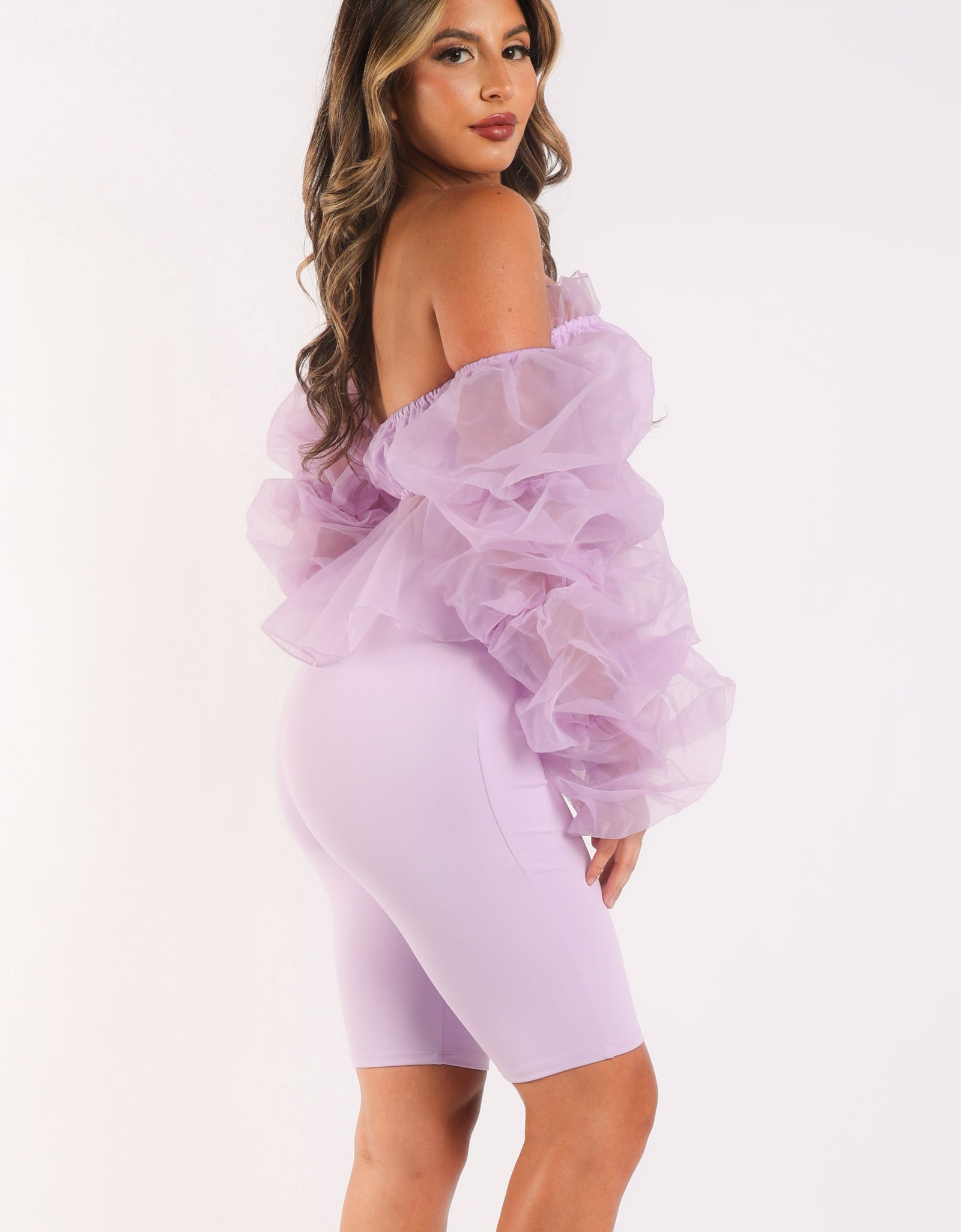 Sexy Organza Sleeve Detailed Top & Matching Shorts 2 Piece Set lavndr