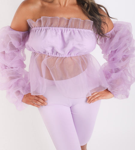 Sexy Organza Sleeve Detailed Top & Matching Shorts 2 Piece Set lavndr