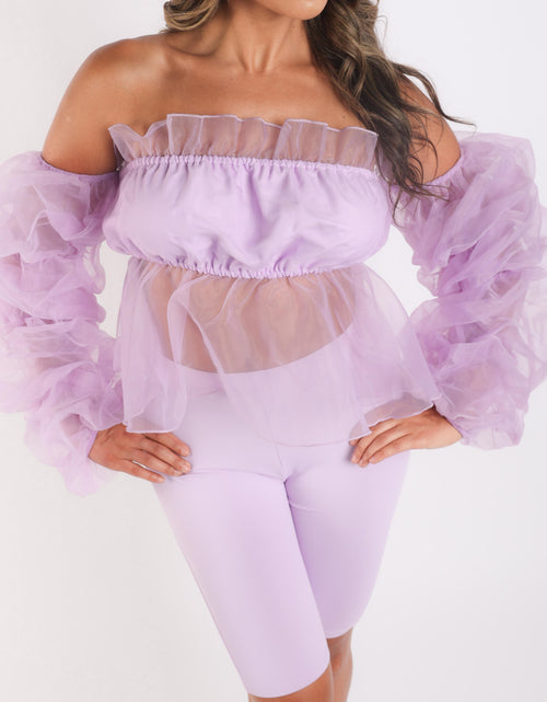 Load image into Gallery viewer, Sexy Organza Sleeve Detailed Top &amp; Matching Shorts 2 Piece Set lavndr
