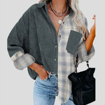 Turn-down Collar Button Blouses Plaid Print Stitching Top