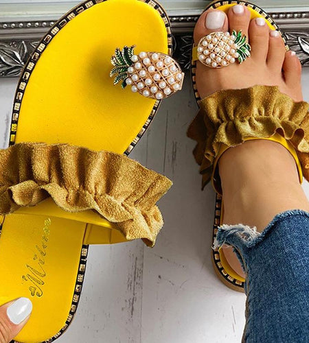 Summer Beach Pineapple Flat Slippers Outside Slides Ladies Shoes