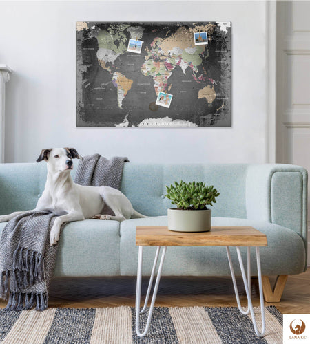 Leinwandbild - Weltkarte Graphit - Pinnwand, Deutsch|Canvas Art -