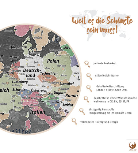 Leinwandbild - Weltkarte Graphit - Pinnwand, Deutsch|Canvas Art -