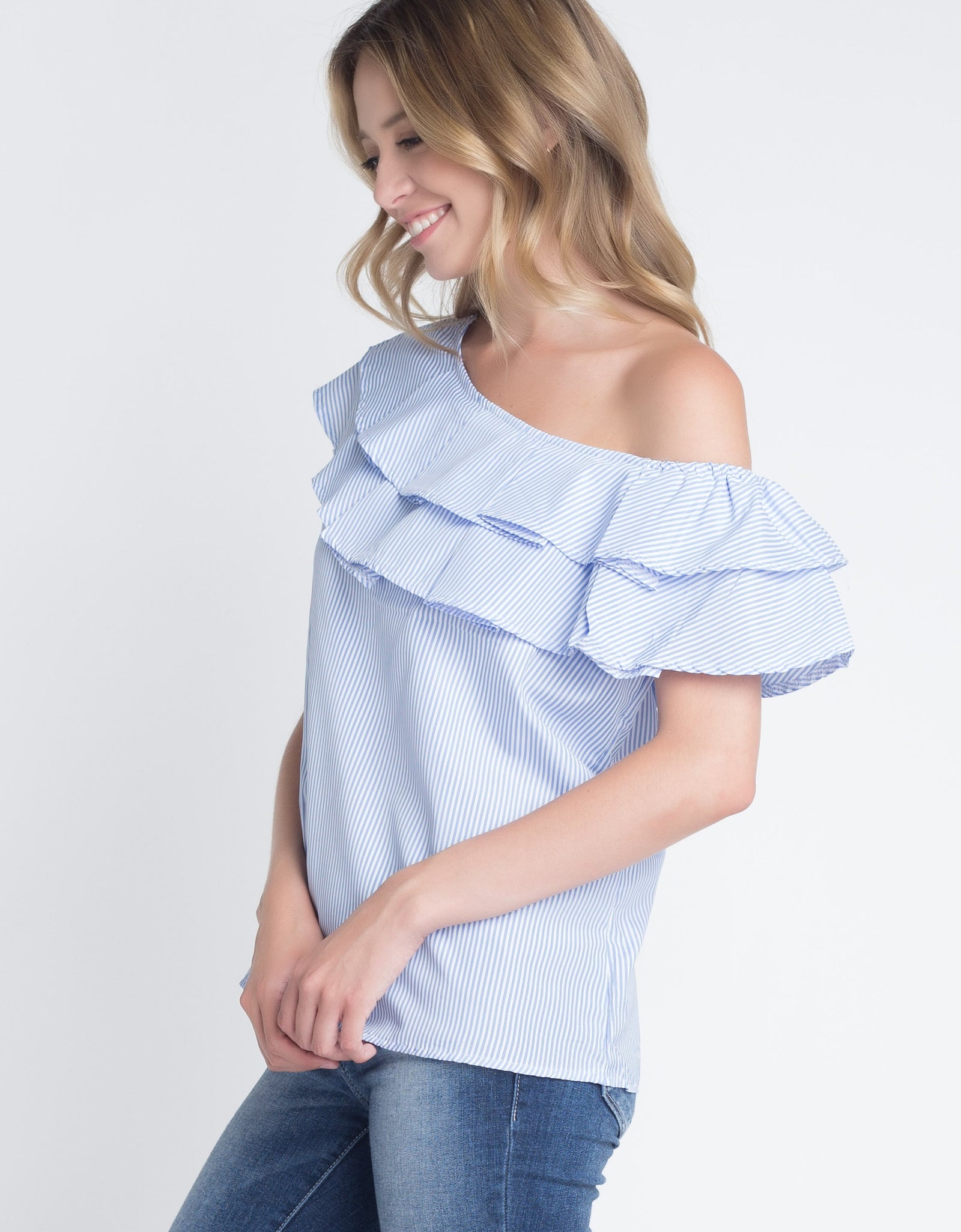 Women's Striped Off Shoulder Ruffle Stripe Blouse