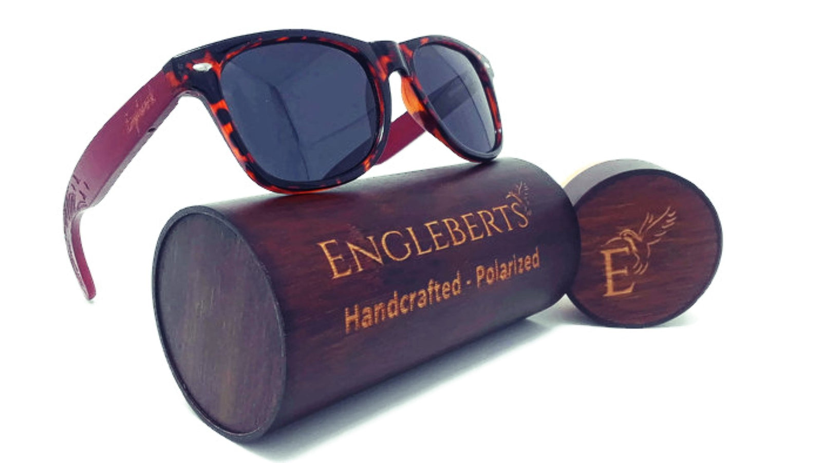 Red Bamboo Tortoise Framed Sunglasses With Wood Case, Artisan Engraved